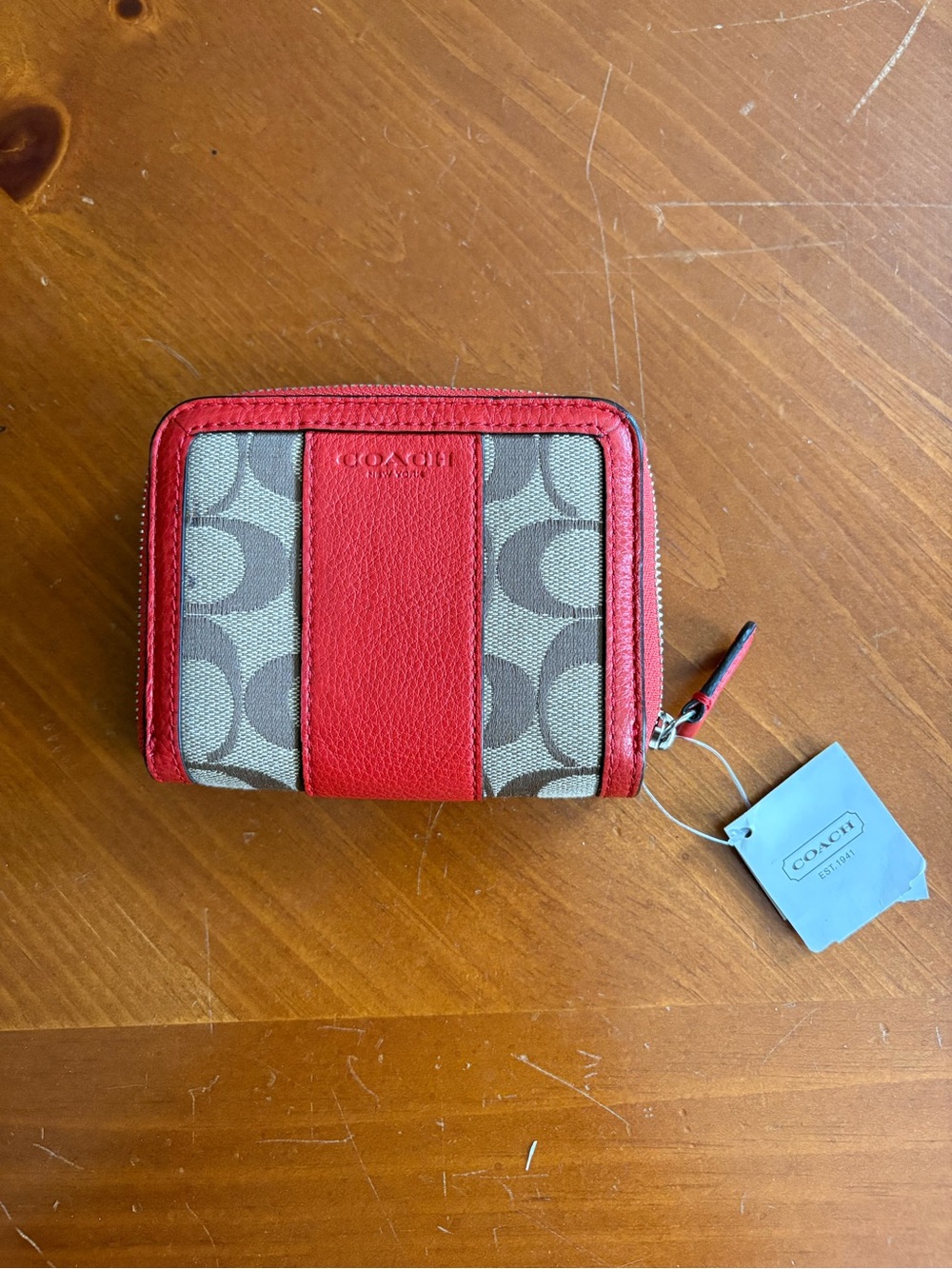 Coach Signature Canvas Zip Card Case in Red and Tan